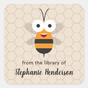 Cartoon Cute Funny Honey Bee Honeycomb Bookplate Square Sticker