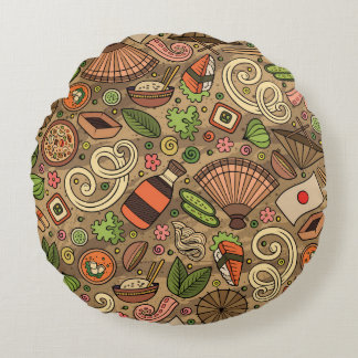 Cartoon cute hand drawn Japan food seamless patter Round Cushion