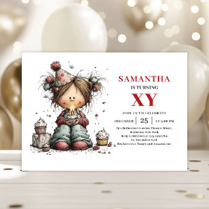 Cartoon Cute Little Girl Playful Birthday Invite
