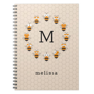 Cartoon Cute Monogram Honey Bee Honeycomb Notebook