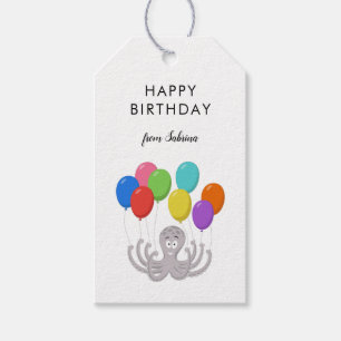 Cartoon Cute Octopus Happy Birthday Balloons Gift Tags