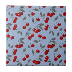 Cartoon cute red cherry berry green leaves blue ba ceramic tile