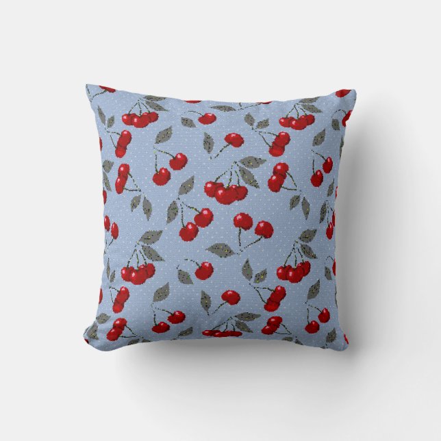 Cartoon cute red cherry berry green leaves blue ba cushion (Front)