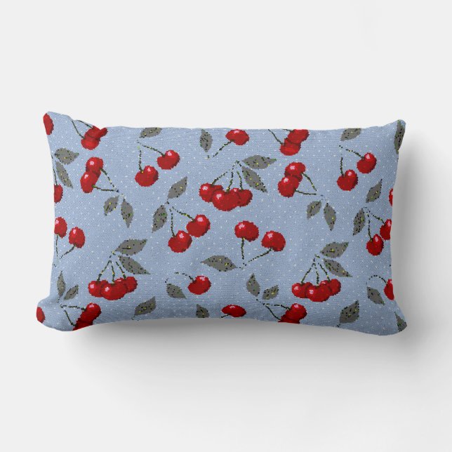 Cartoon cute red cherry berry green leaves blue ba lumbar cushion (Front)