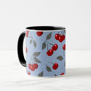 Cartoon cute red cherry berry green leaves blue ba mug