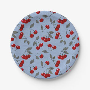 Cartoon cute red cherry berry green leaves blue ba paper plate