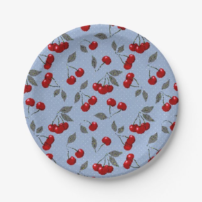 Cartoon cute red cherry berry green leaves blue ba paper plate (Front)