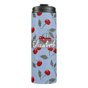 Cartoon cute red cherry berry green leaves blue ba thermal tumbler