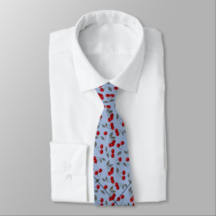 Cartoon cute red cherry berry green leaves blue tie