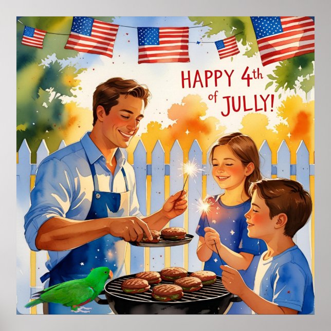 Cartoon Dad Grilling & Kids with Sparklers Poster (Front)