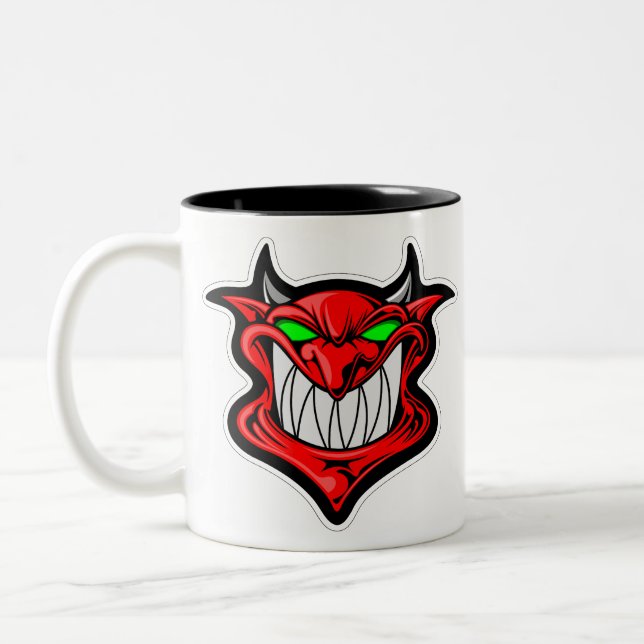 Cartoon demon face head satan Two-Tone coffee mug (Left)
