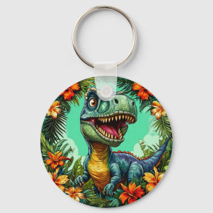 Cartoon Dinosaur and Vibrant Tropical Flowers Key Ring