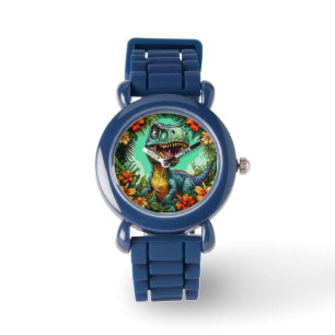 Cartoon Dinosaur and Vibrant Tropical Flowers Watch