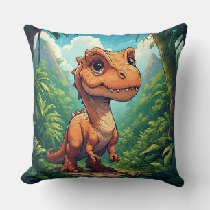 Cartoon Dinosaur Exploring a Tropical Jungle Cushion