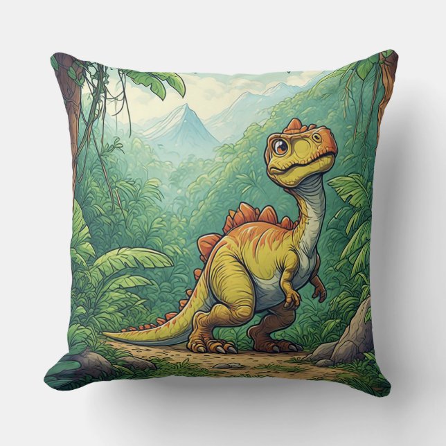 Cartoon Dinosaur Exploring a Tropical Jungle Cushion (Front)