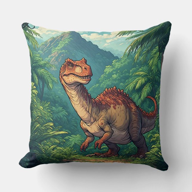 Cartoon Dinosaur Exploring a Tropical Jungle Cushion (Front)