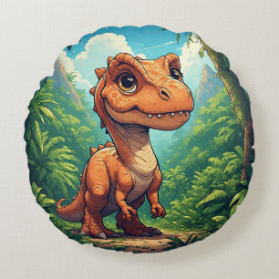 Cartoon Dinosaur Exploring a Tropical Jungle Round Cushion