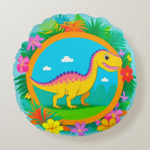 Cartoon Dinosaur in a Tropical Scene Round Cushion