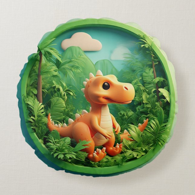 Cartoon Dinosaur in Bamboo Forest Round Cushion (Front)