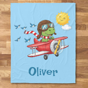 Cartoon Dinosaur Pilot Flying Red Aeroplane Fleece Blanket