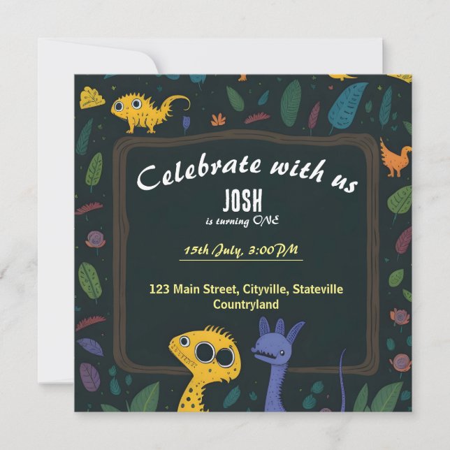 Cartoon dinosaurs 1st Birthday invitation (Front)