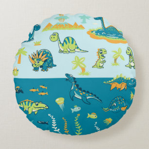 Cartoon Dinosaurs: Land & Sea Set Round Cushion