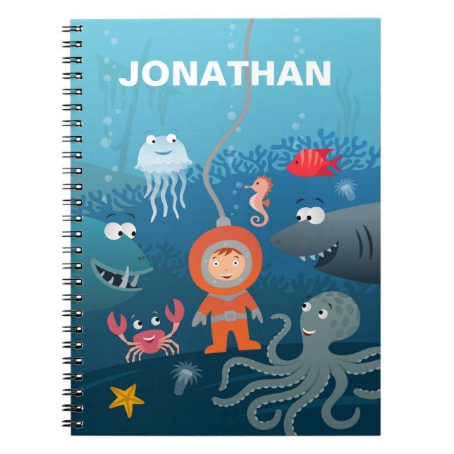 Cartoon Diver Kid Underwater Life Aquatic Animals Notebook (Front)