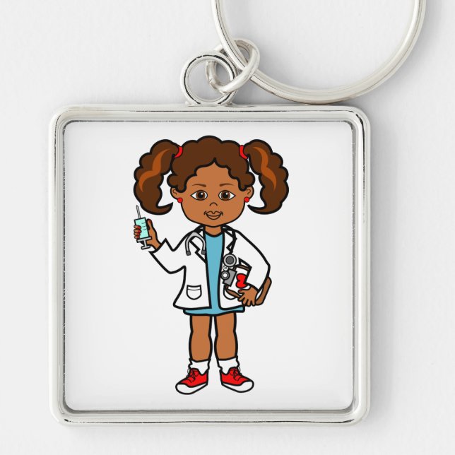 Cartoon Doctor Girl with Big Needle and Clipboard Key Ring (Front)