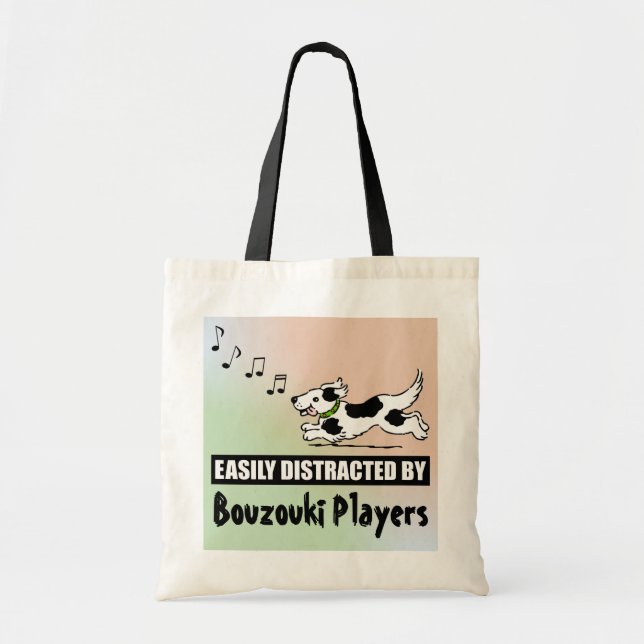 Cartoon Dog Easily Distracted by Bouzouki Players Tote Bag (Front)