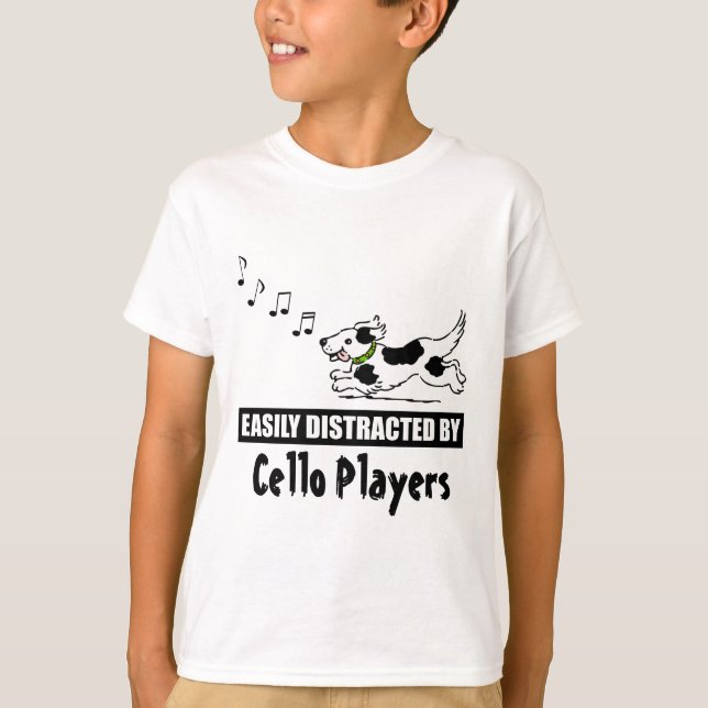 Cartoon Dog Easily Distracted by Cello Players T-Shirt (Front)