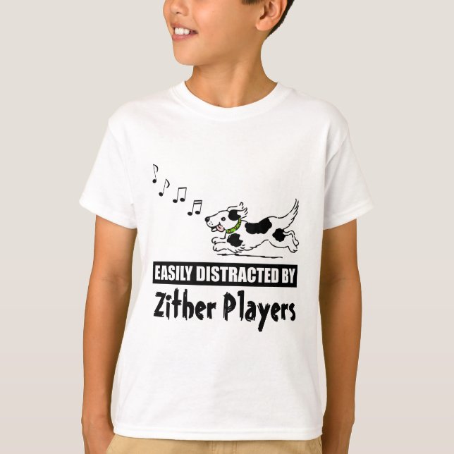 Cartoon Dog Easily Distracted by Zither Players T-Shirt (Front)