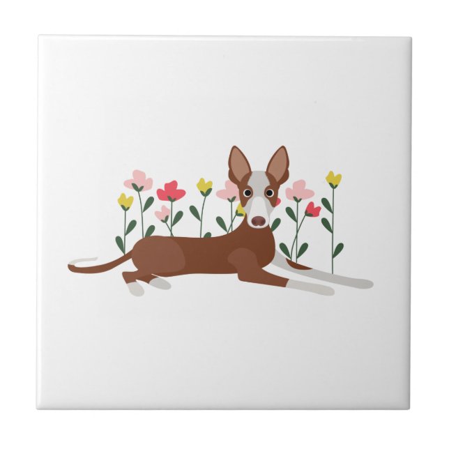 Cartoon Dog in Pink and Yellow Flowers Ceramic Tile (Front)
