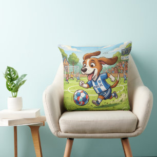 Cartoon Dog Playing Soccer or Football Cushion