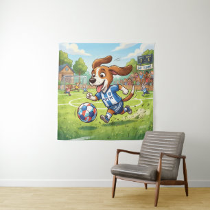 Cartoon Dog Playing Soccer or Football Tapestry