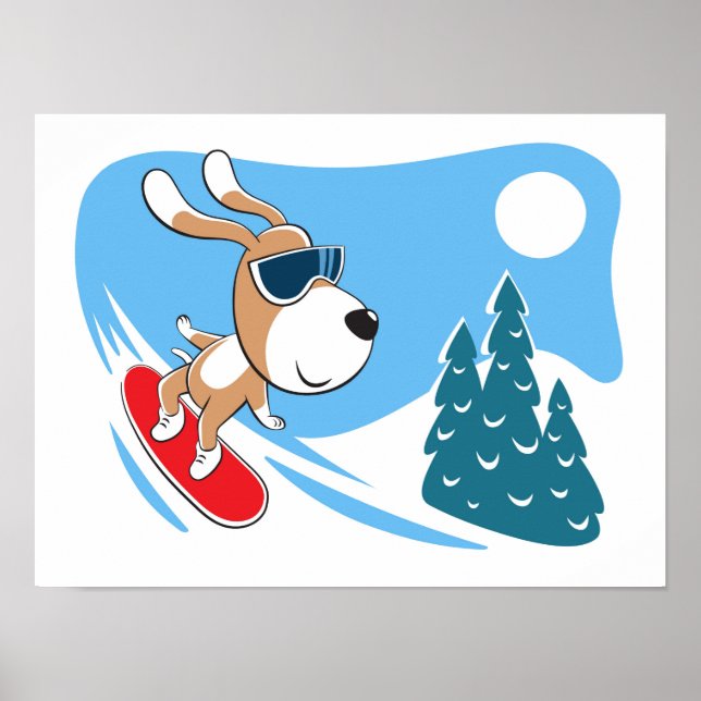 Cartoon Dog Puppy Snowboard Winter Snow Sun Poster (Front)