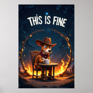 Cartoon Dog Sitting at Table with Coffee Surrounde Poster