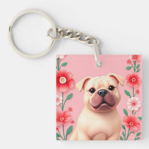 Cartoon Dog Surrounded by Flowers Key Ring
