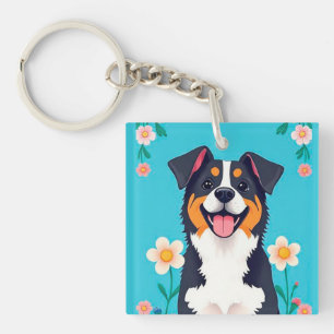 Cartoon Dog Surrounded by Flowers Key Ring