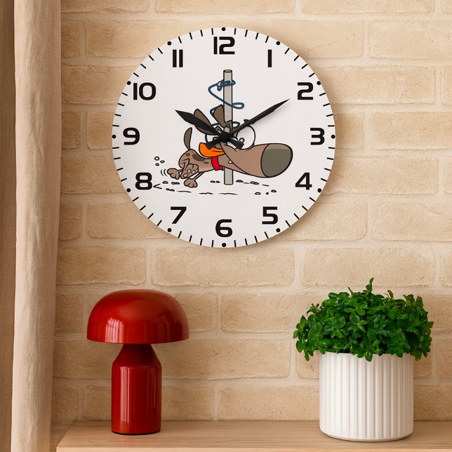 Cartoon Dog Tangled Around Pole with Leash Large Clock (Creator Uploaded)
