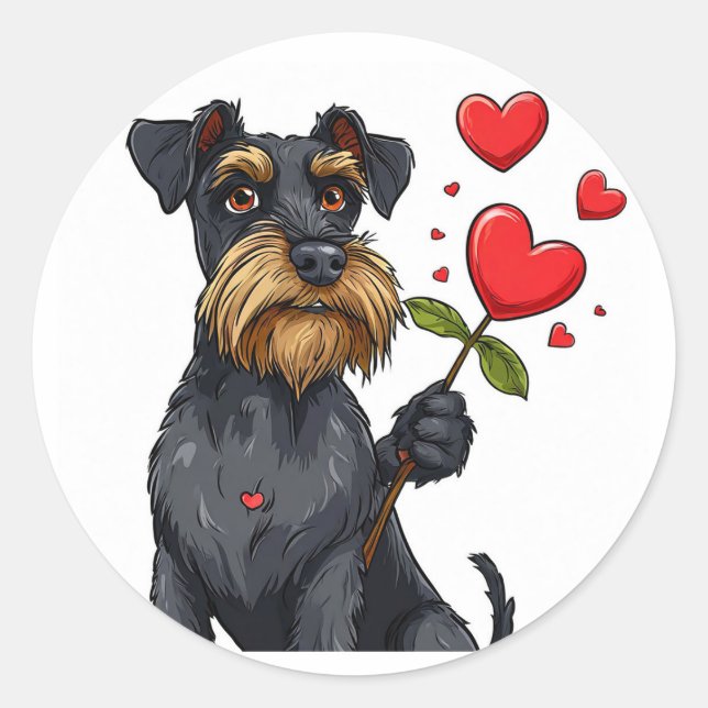 Cartoon Dog with Heart Flower 🐾 Cute Romantic 🐶❤ Classic Round Sticker (Front)