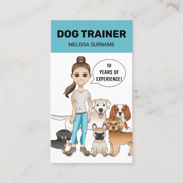 Cartoon Dogs And A Girl Personalizable Dog Trainer Business Card (Front)