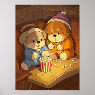 Cartoon dogs puppies with popcorn poster