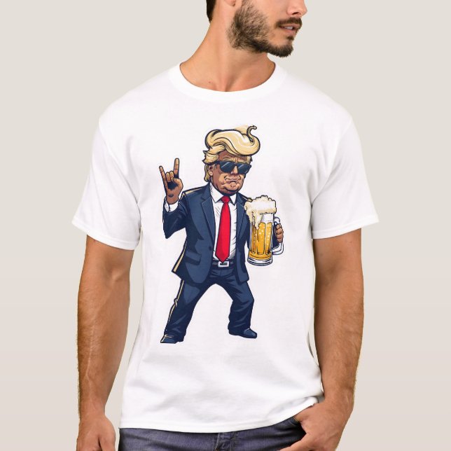 Cartoon Donald Trump In Dynamic Pose With Beer Mug T-Shirt (Front)
