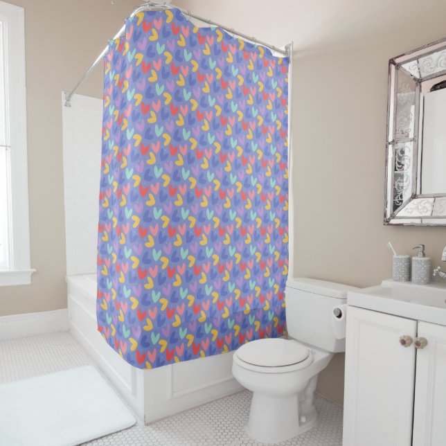 Cartoon Doodle Seamless Heart & Dots Pattern Shower Curtain (In Situ)