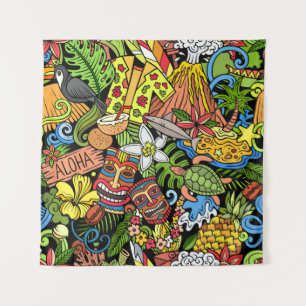 Cartoon doodles Hawaii seamless pattern. Backdrop Tapestry