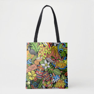Cartoon doodles Hawaii seamless pattern. Backdrop Tote Bag