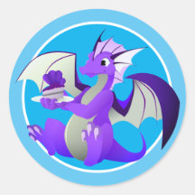 Cartoon Dragon with Cake Blue Stickers