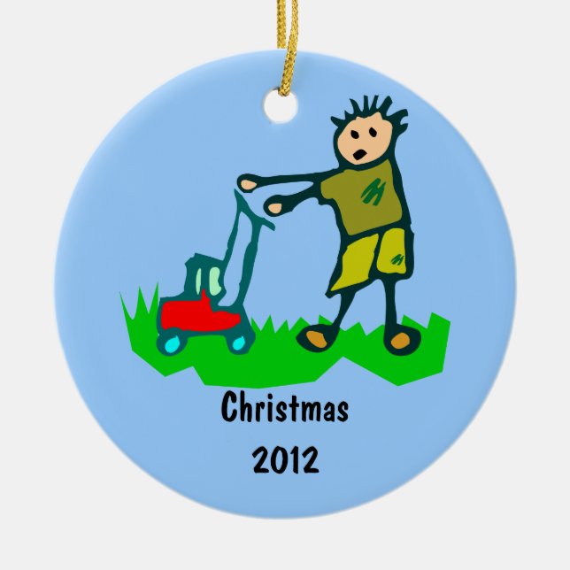 Cartoon Drawing Man Mowing Grass Ceramic Ornament (Front)