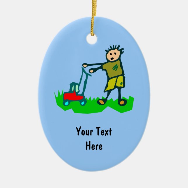 Cartoon Drawing Man Mowing Grass Ceramic Tree Decoration (Front)