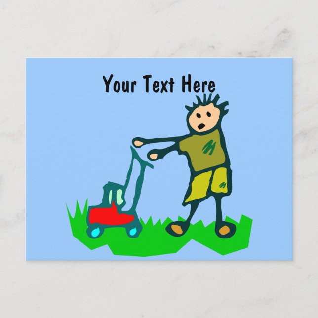 Cartoon Drawing Man Mowing Grass Postcard (Front)